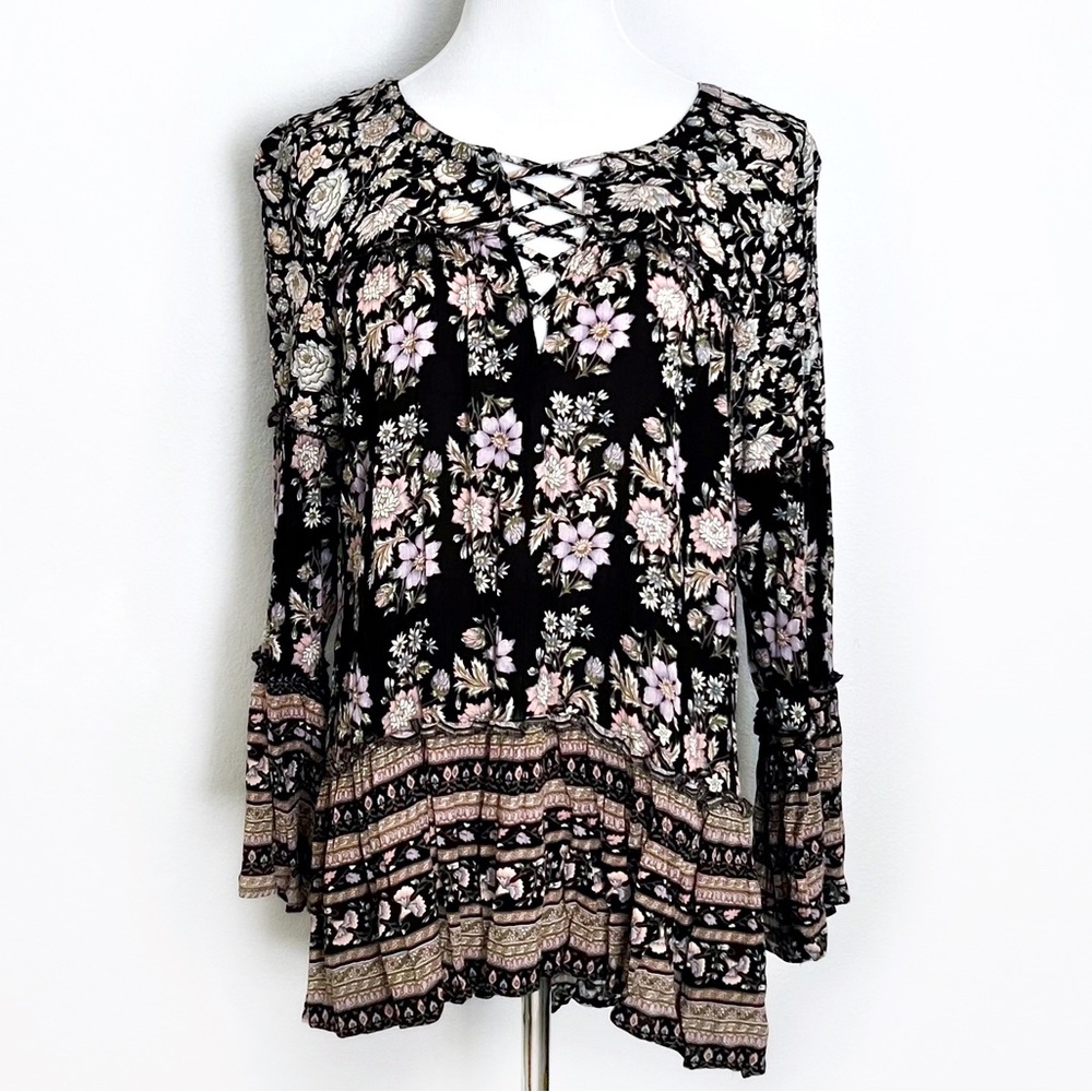 AMERICAN EAGLE OUTFITTERS AEO CUTOUT Floral Tunic Bell Sleeve Tiered Ruffled… - Picture 2 of 16